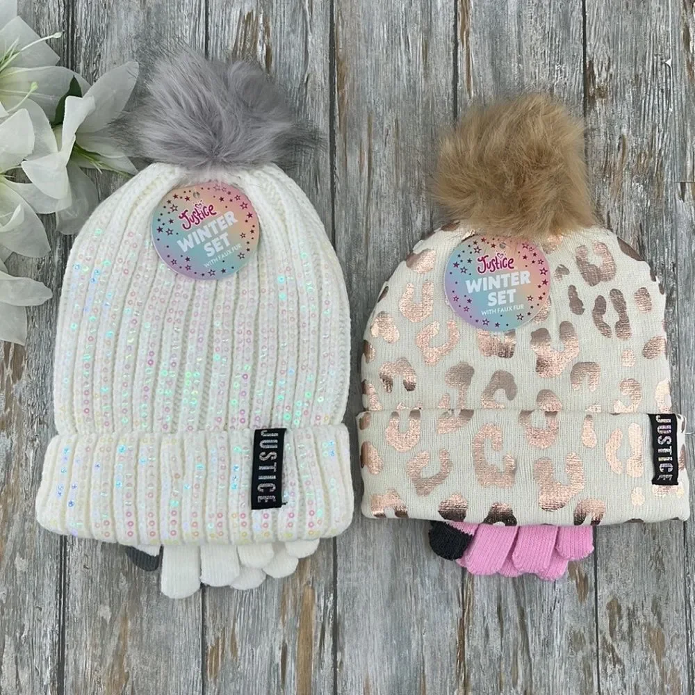 Girls Justice Ribbed & Full Print Winter Cozy Beanie and Gloves 2, 2-Piece Set